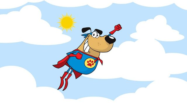 Super Hero Dog Cartoon Character Flying In Sky. 4K Animation Video Motion Graphics Without Background