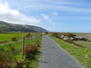 Tarmac footpath crossing a grassy marshy plain with mountains and blue sky in the background near Fairbourne Barmouth Wales