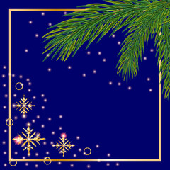 Fototapeta na wymiar New Year or Christmas background with Christmas tree sprigs and shiny snowflakes. Background with frame for your text and design