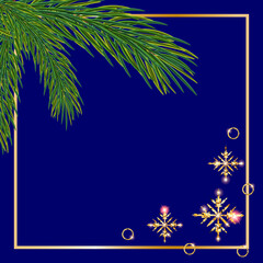 New Year or Christmas background with Christmas tree sprigs and shiny snowflakes. Background with frame for your text and design