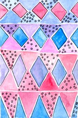 Rhombus. Abstract  hand drawn background with watercolor blue, pink and violet geometric shapes. Perfect for printing on the fabric, design package and cover
