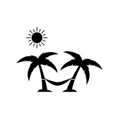 Obraz premium Concepto destino de vacaciones de verano. Icono plano hamaca colgada entre palmeras en playa en color negro