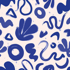 Blue abstract naive doodle seamless vector pattern. Modern trendy textured art background with naive doodle brush stroke shapes. Surface pattern design.