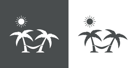 Fototapeta na wymiar Concepto destino de vacaciones de verano. Icono plano hamaca colgada entre palmeras en playa en fondo gris y fondo blanco 
