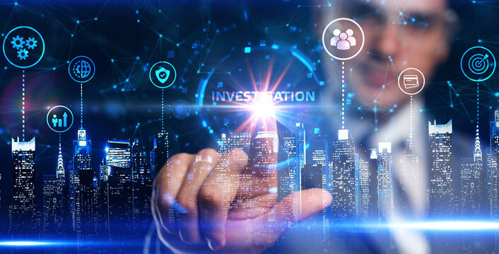 Business, internet, technology concept.Businessman chooses Investigation button on a touch screen interface.