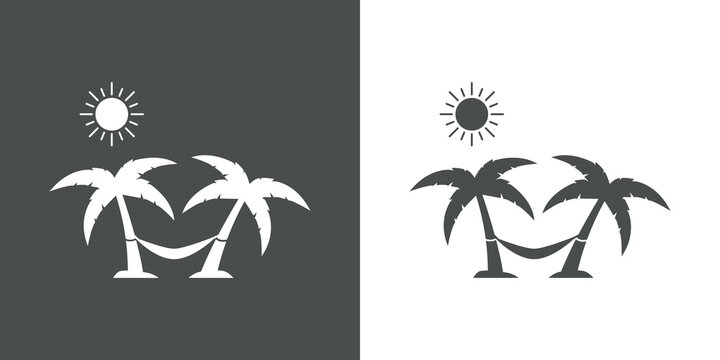 Concepto destino de vacaciones de verano. Icono plano hamaca colgada entre palmeras en playa en fondo gris y fondo blanco	