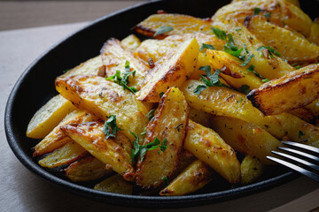 Fried potatoes in a rural style, with spices. On rustic pan, on a wooden table