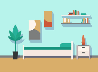 interior, bedroom, bed, picture, plant, nightstand, bookshelf, lamp, vector illustration