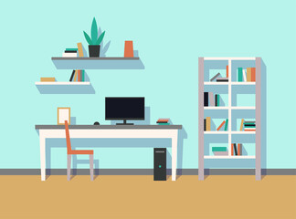 interior, cabinet, work space, room, computer, desk, chair, bookcase, bookshelf, plant, vector illustration