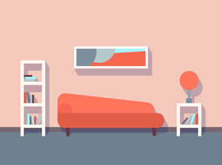 interior, living room, orange couch, bookcase, lamp, picture, vector illustration