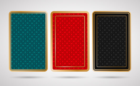 Three poker playing cards back side design - black, turquoise, red and golden colored