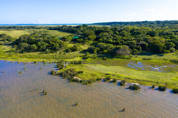 Fototapeta na wymiar Aerial view: iSimangaliso Wetland Park is a mosaic of ecosystems and an incredible diversity of vegetation and wildlife