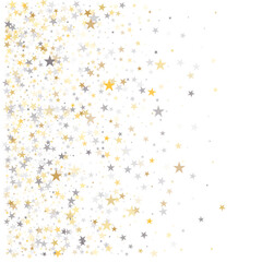 Gold and silver stars background, sparkling christmas lights confetti falling isolated on white. magic shining Flying stars glitter cosmic backdrop, sparkle vector border