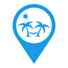 Concepto destino de vacaciones de verano. Icono plano hamaca colgada entre palmeras en playa en puntero color azul