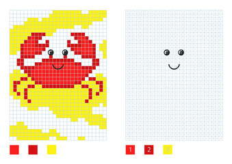Pixel crab cartoon in the coloring page with numbered squares, vector illustration