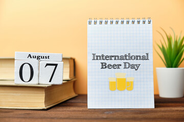 7th august - International Beer Day. Seventh day month calendar concept on wooden blocks
