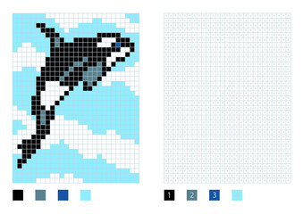 Pixel killer whale cartoon in the coloring page with numbered squares, vector illustration © green_pear