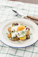 Fried potato wedges with white sauce on white plate on fabric napkin