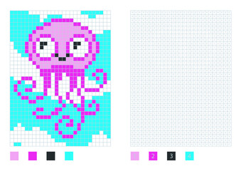 Pixel octopus cartoon in the coloring page with numbered squares, vector illustration