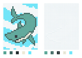 Pixel shark cartoon in the coloring page with numbered squares, vector illustration