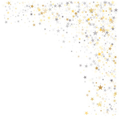 Gold and silver stars background, sparkling christmas lights confetti falling isolated on white. magic shining Flying stars glitter cosmic backdrop, sparkle vector border