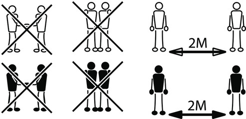 Pandemic distance.Social distancing set of icons. Simple man black and white.