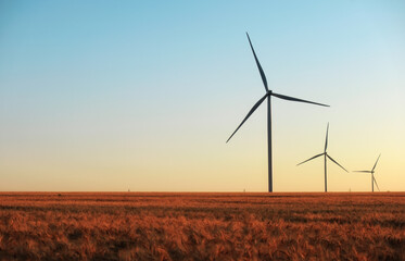 Wind turbines and agricultural field on a summer day. Energy production, clean and renewable energy.