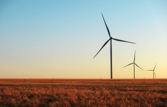 Wind turbines and agricultural field on a summer day. Energy production, clean and renewable energy.