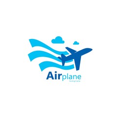 Airplane logo blue stripes flag and plane takeoff and clouds