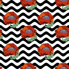 Poppies flowers vector hand drawn seamless pattern