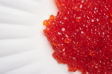 Red caviar on a white plate. Gourmet food close up, appetizer. Background of red caviar. Selective focus
