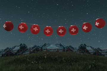 3d rendering of hanging lighten lantern covered with swiss flag over mountain pasture with view to the alps © Brilliant Eye