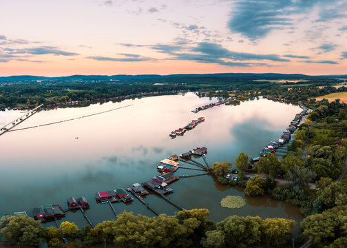 Lake Bokod next to Oroszlany city in Hungary. This is a man-made cooling lake for the power plant what there is shore. Here is the famous fishing floating village too.