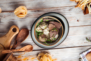 Kazakh style soup sorpa with kazy horse meat