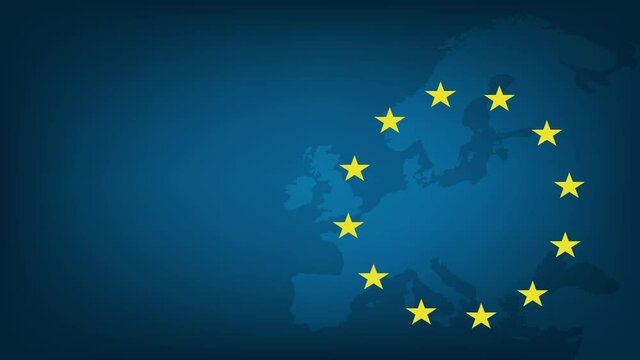 Flag of European Union and map of Europe background. Eu sign. Animation