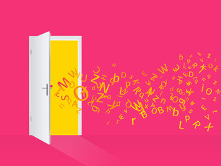 Yellow letters fly to door. Concept for back to school on a pink background.