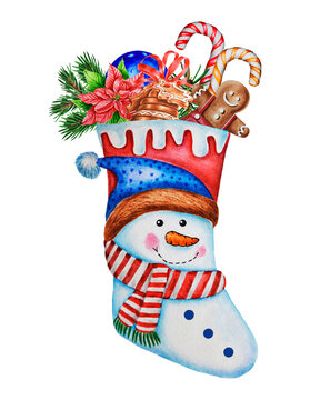Christmas decorations, funny snowman sock with gingerbread, fir branches, sweets and poinsettia flower. Watercolor.Illustration, Christmas sock, decor, holiday print.