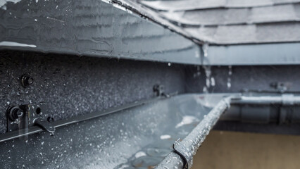 Jets of rain drain into the drainage system on the roof of the house