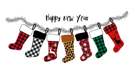 .Collection or card of various Christmas  stockings..Buffalo plaid, leopard and other design elements. Festive decor. Vector illustration. © INESA