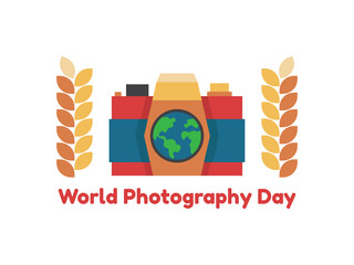 Camera with world map to celebrate World Photography Day in flat design illustration.