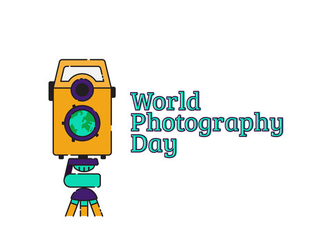 Camera with world map to celebrate World Photography Day in flat design illustration.