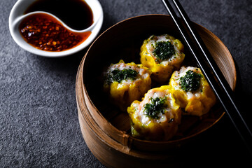 Dim SUM . Chinese dimsum bamboo steamer