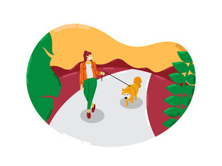 Young woman wearing face mask with her dog walking outside enjoying free time alone. illustration of new normal lifestyle.