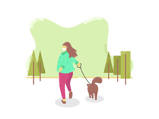 Young woman wearing face mask with her dog walking outside enjoying free time alone. illustration of new normal lifestyle.