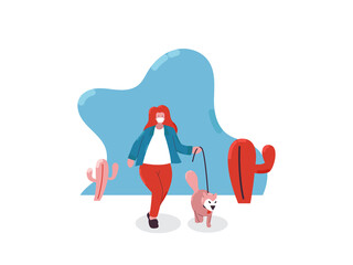 Young woman wearing face mask with her dog walking outside enjoying free time alone. illustration of new normal lifestyle.
