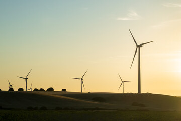 Wind turbines in the fields. Wind power plants at sunset