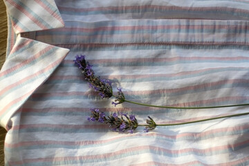 Striped pastel blouse and lavender flower. Top view.