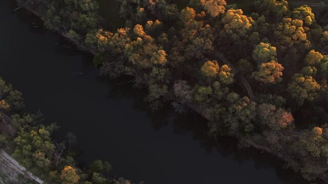 Aerial Top Down flying along the Murrumbidgee River in the rural city of Wagga Wagga New South Wales Australia at sunrise on a calm spring morning.