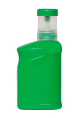 Close-up of a green plastic bottle for pest control on vegetables with measuring cup for dosing for organic farming.