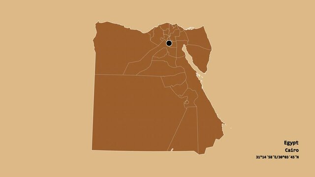 Aswan, governorate of Egypt, with its capital, localized, outlined and zoomed with informative overlays on a solid patterned map in the Stereographic projection. Animation 3D